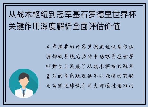 从战术枢纽到冠军基石罗德里世界杯关键作用深度解析全面评估价值